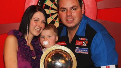 Portrait of Sarah Podmore, the supportive wife and backbone of darts champion Adrian Lewis, symbolizing love, resilience, and family strength.