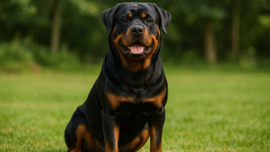 Rottweiler sitting outdoors, representing the sam vanderpump parents dog care and training hub