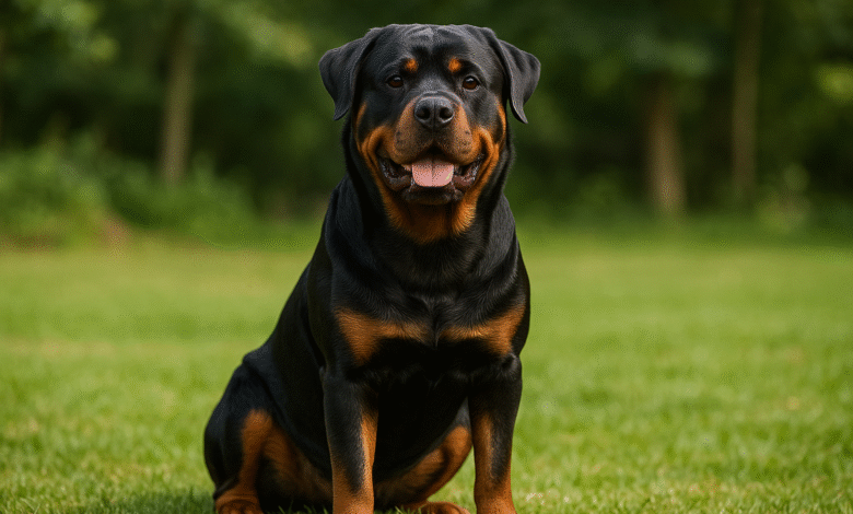 Rottweiler sitting outdoors, representing the sam vanderpump parents dog care and training hub